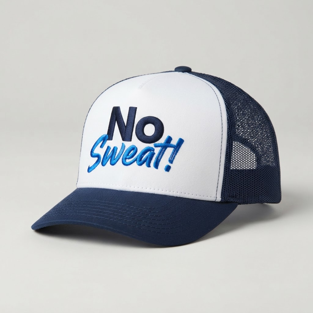 Trucker Hat in Navy / White with the No Sweat! logo