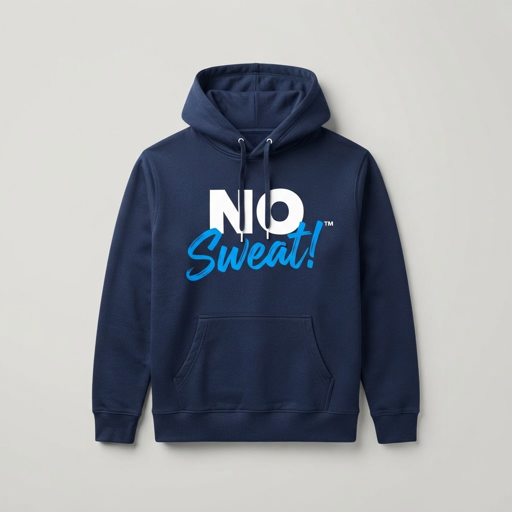 Pullover Hoodie in Navy with the No Sweat! logo