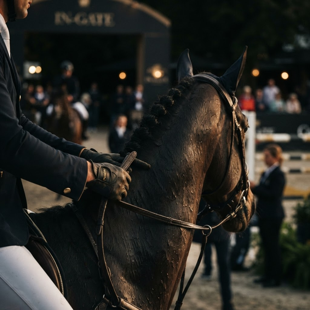 A rider's gloved hands gripping the reins moments before entering the ring
